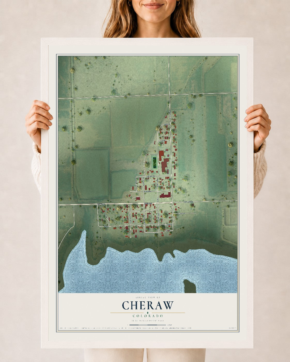 Map of Cheraw, Colorado, 24 x 36 inch print in a white wood frame