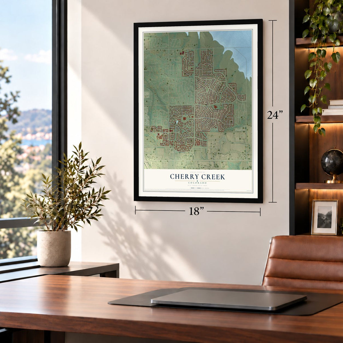 Cherry Creek, Colorado map, 18 x 24 inch print in a black frame in a home office