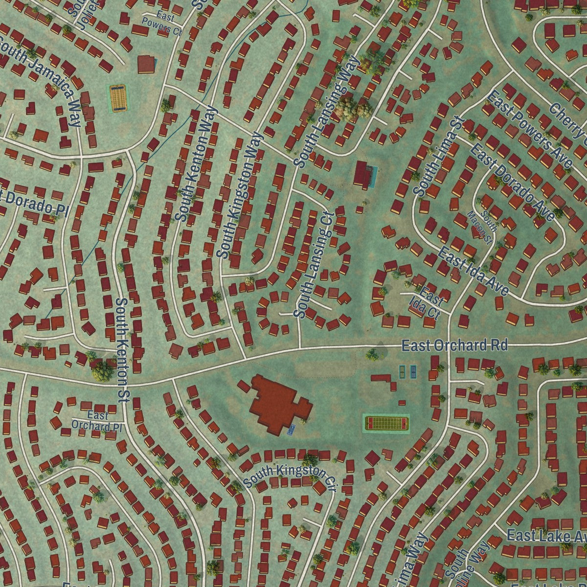 Close-up of the map of Cherry Creek, Colorado print showing street and building detail