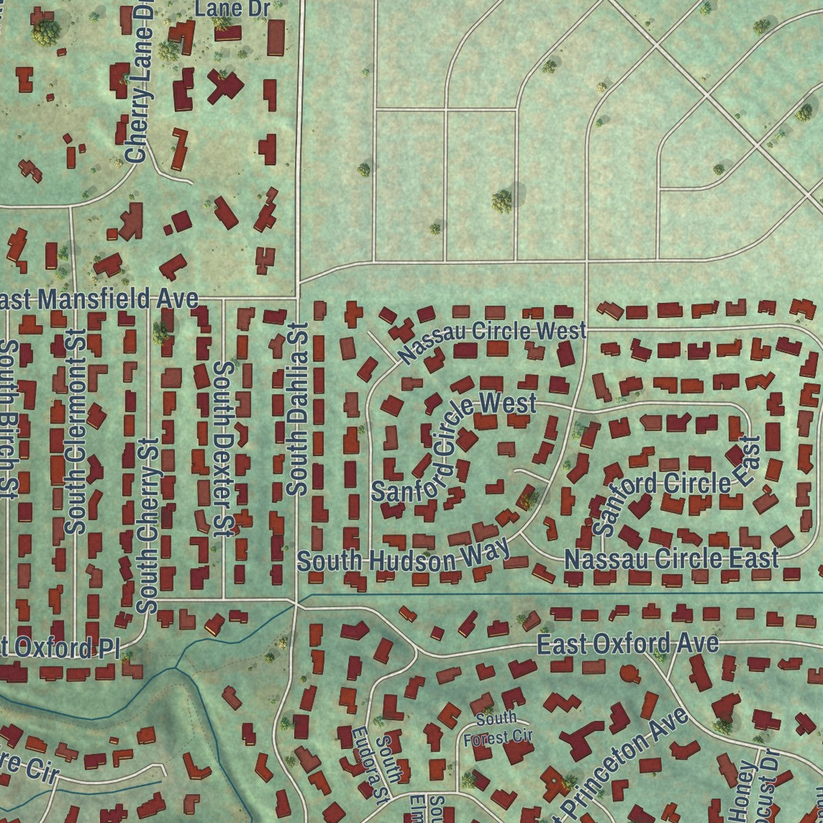 Close-up of the map of Cherry Hills Village, Colorado print showing street and building detail