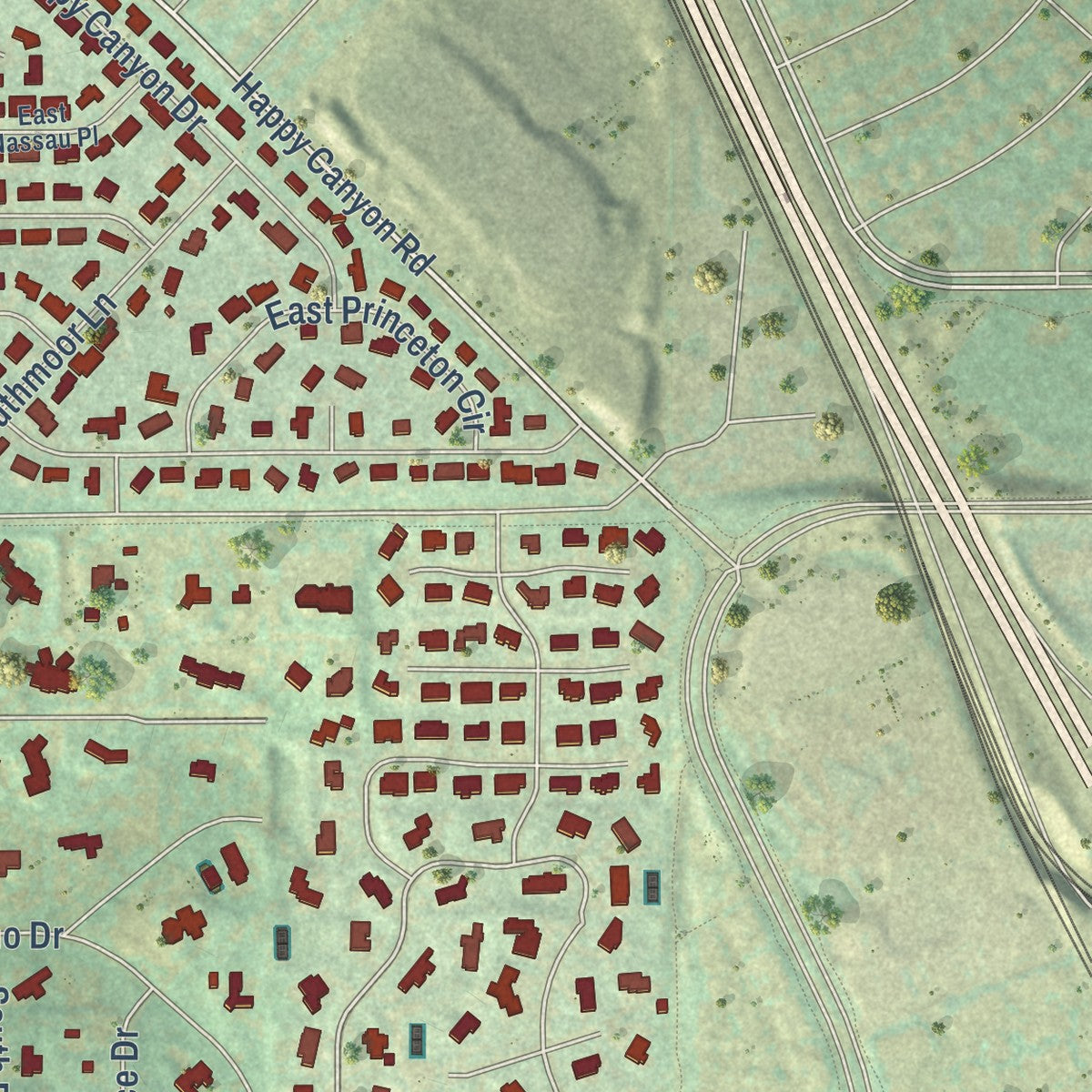 Second close-up of the map of Cherry Hills Village, Colorado print showing more streets and buildings