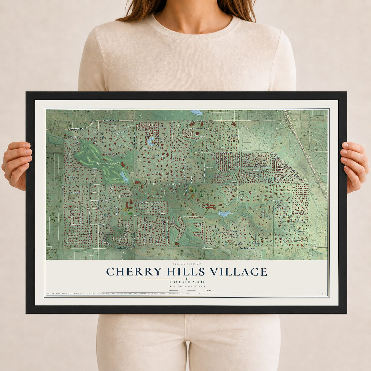 Map of Cherry Hills Village, Colorado, 12 x 18 inch print in a black wood frame
