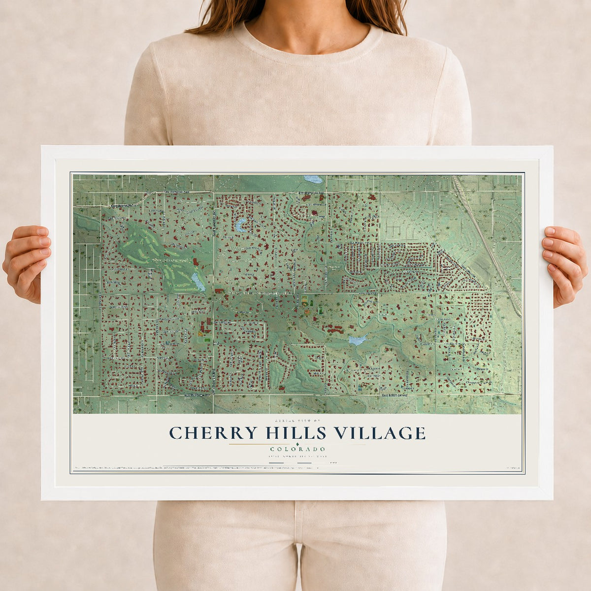 Map of Cherry Hills Village, Colorado, 12 x 18 inch print in a white wood frame