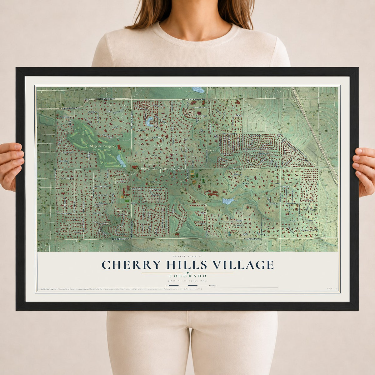 Map of Cherry Hills Village, Colorado, 18 x 24 inch print in a black wood frame