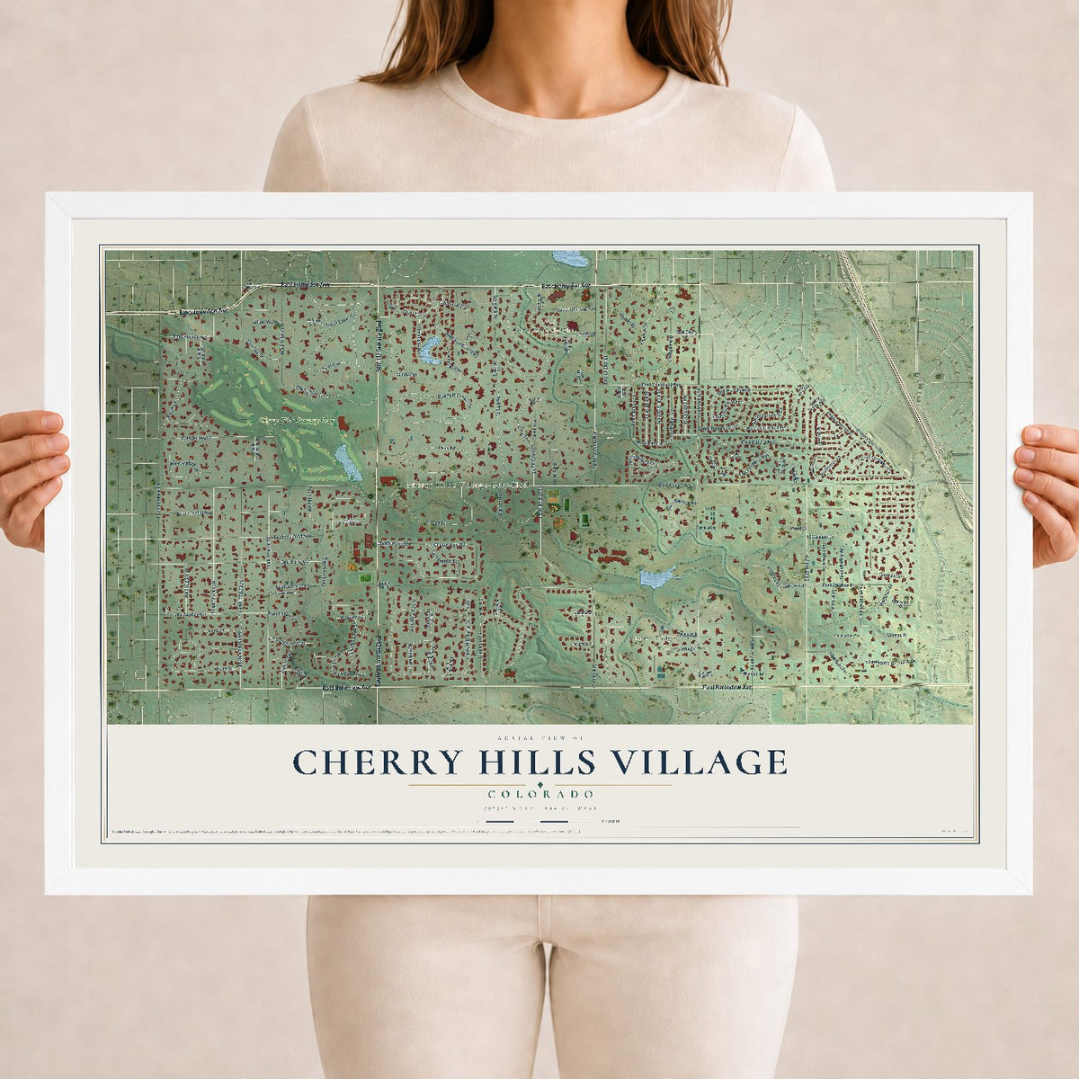 Map of Cherry Hills Village, Colorado, 18 x 24 inch print in a white wood frame