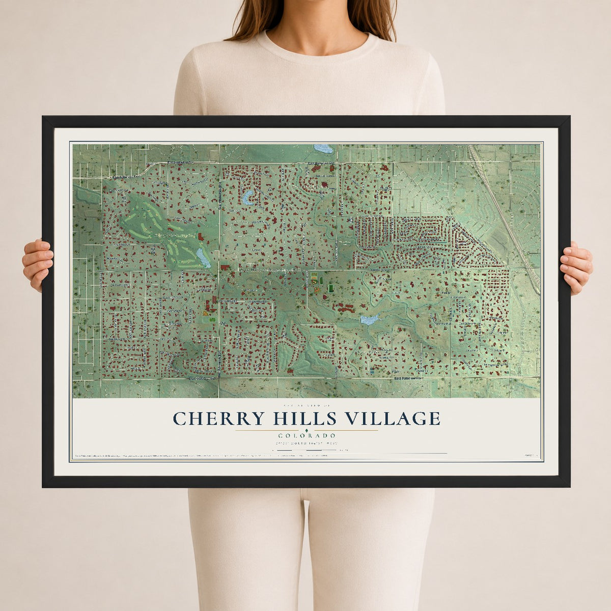 Map of Cherry Hills Village, Colorado, 24 x 36 inch print in a black wood frame