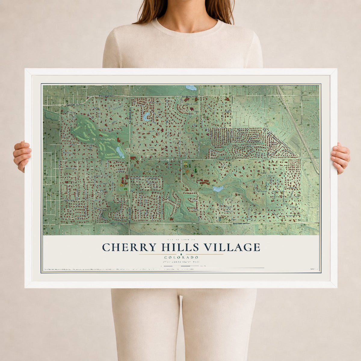 Map of Cherry Hills Village, Colorado, 24 x 36 inch print in a white wood frame