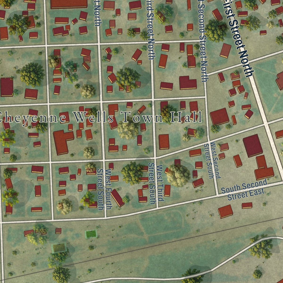 Close-up of the map of Cheyenne Wells, Colorado print showing street and building detail