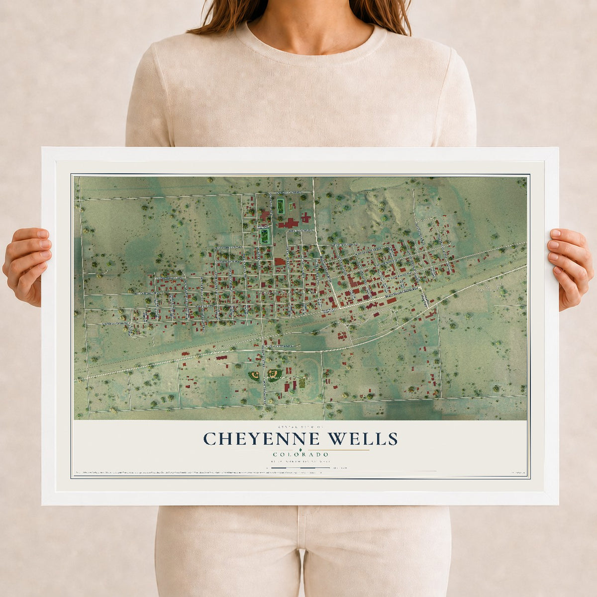 Map of Cheyenne Wells, Colorado, 12 x 18 inch print in a white wood frame