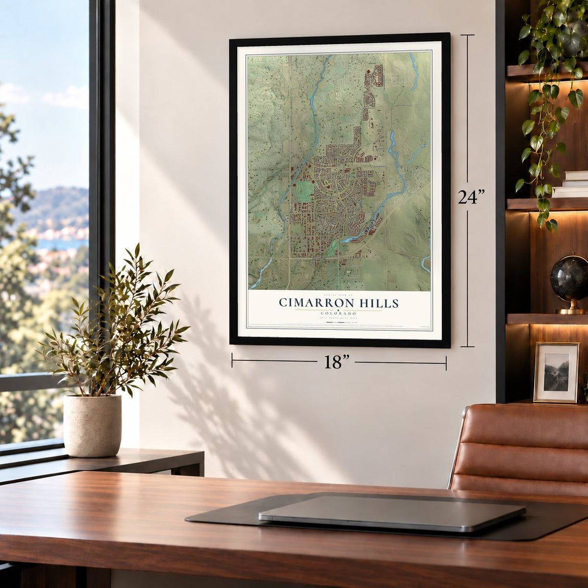Cimarron Hills, Colorado map, 18 x 24 inch print in a black frame in a home office