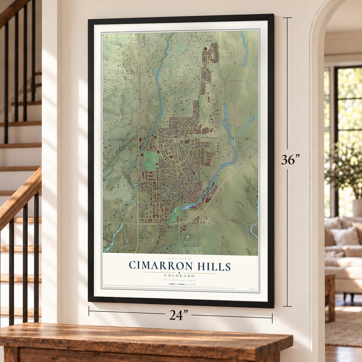 Cimarron Hills, Colorado map, 24 x 36 inch print in a black frame by a staircase