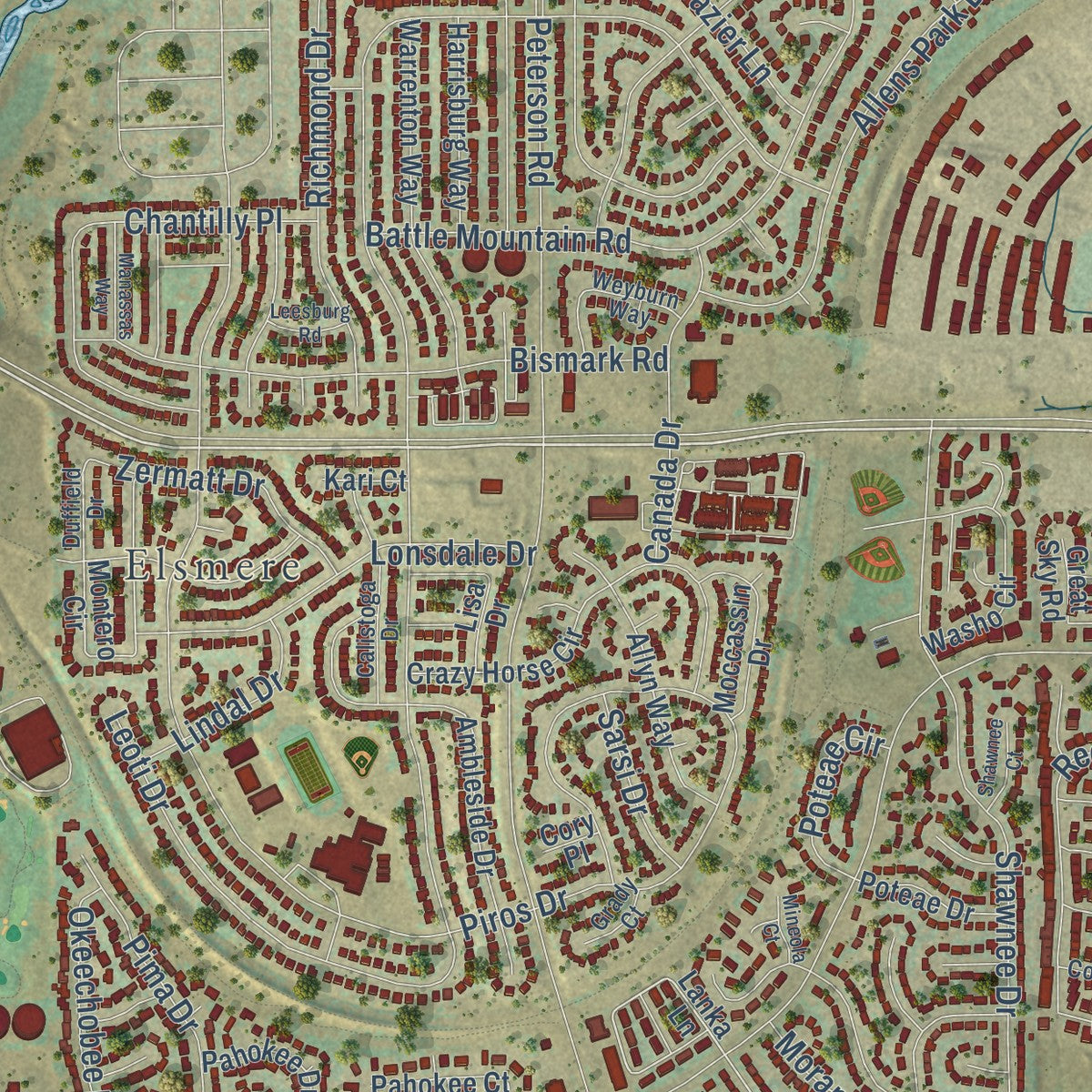 Close-up of the map of Cimarron Hills, Colorado print showing street and building detail