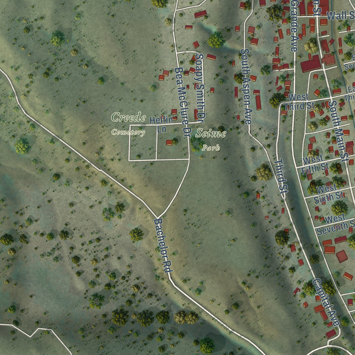 Close-up of the map of the City of Creede, Colorado print showing street and building detail