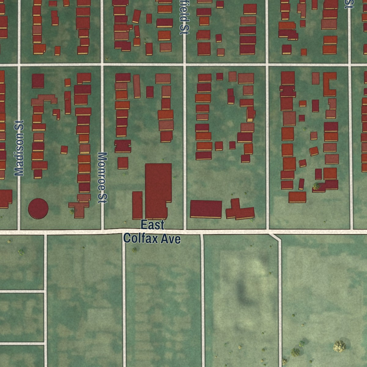 Close-up of the map of City Park, Colorado print showing street and building detail