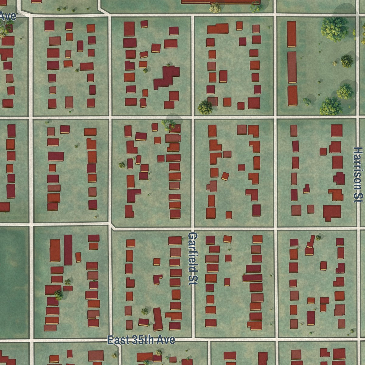 Close-up of the map of Clayton, Colorado print showing street and building detail