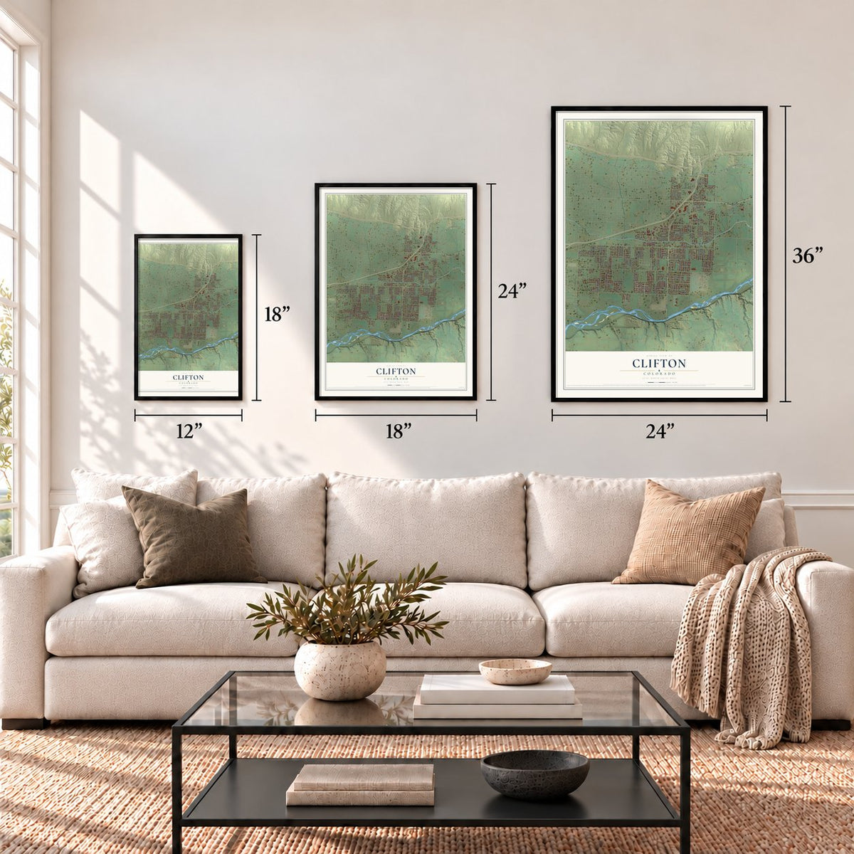 Clifton, Colorado map in 12 x 18, 18 x 24 and 24 x 36 inch sizes above a sofa