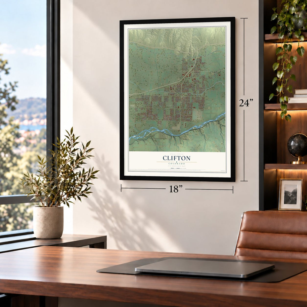 Clifton, Colorado map, 18 x 24 inch print in a black frame in a home office