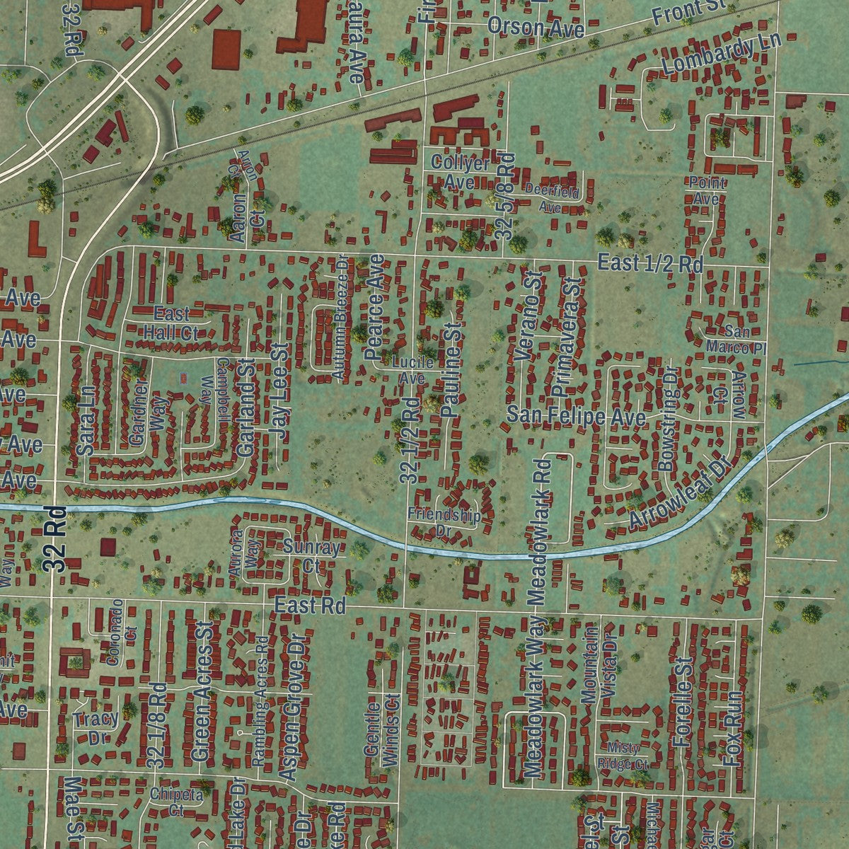 Close-up of the map of Clifton, Colorado print showing street and building detail