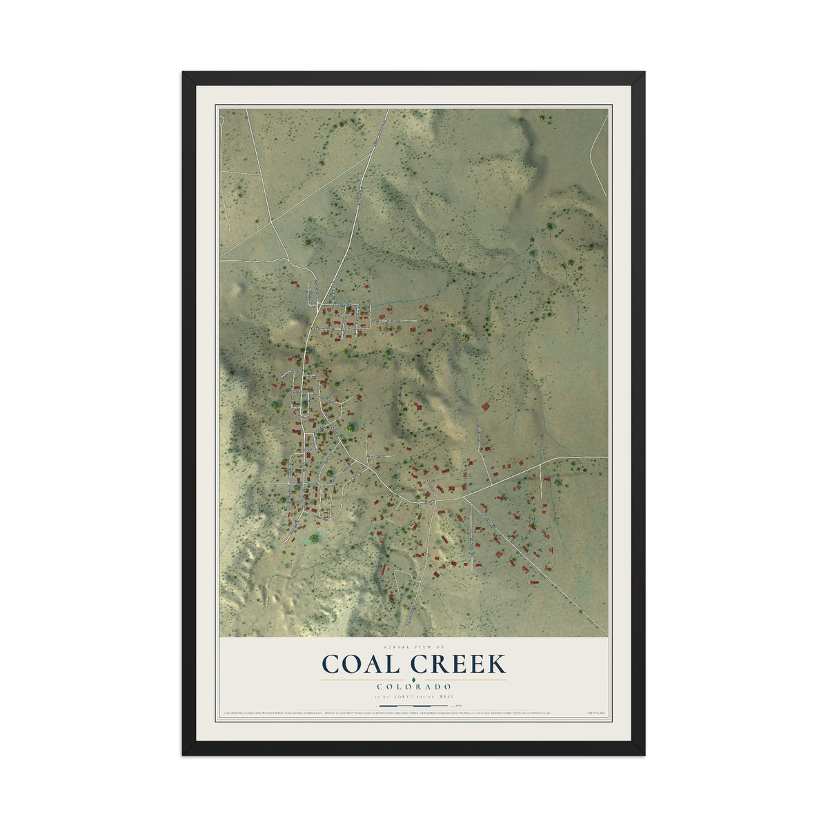 Map of Coal Creek, Colorado, 12 x 18 inch print in a black wood frame