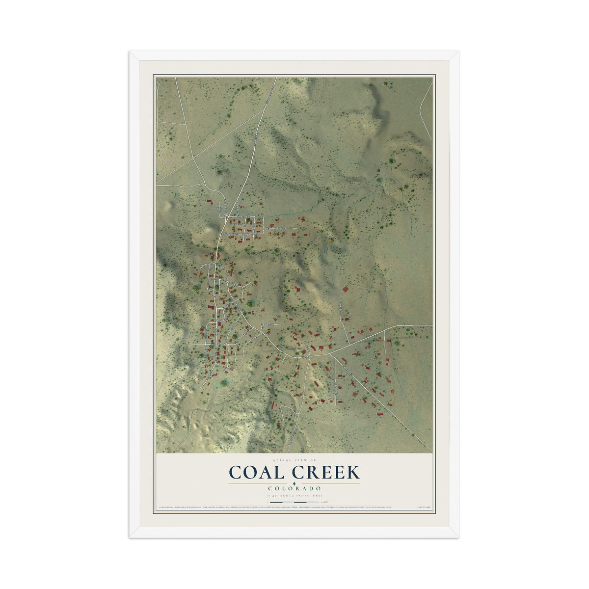 Map of Coal Creek, Colorado, 12 x 18 inch print in a white wood frame