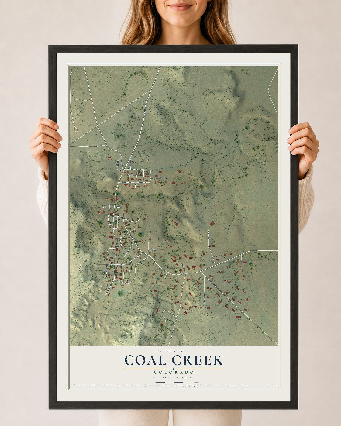 Map of Coal Creek, Colorado, 24 x 36 inch print in a black wood frame