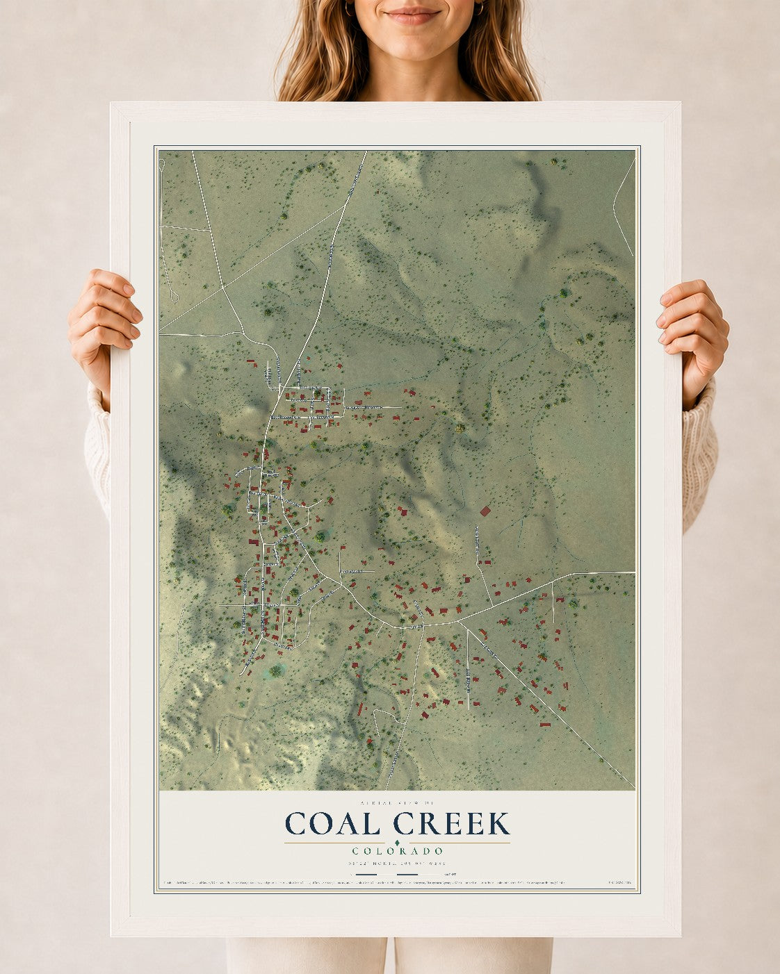 Map of Coal Creek, Colorado, 24 x 36 inch print in a white wood frame