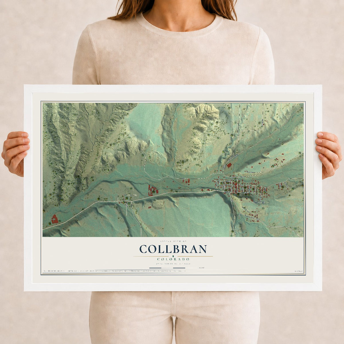 Map of Collbran, Colorado, 12 x 18 inch print in a white wood frame