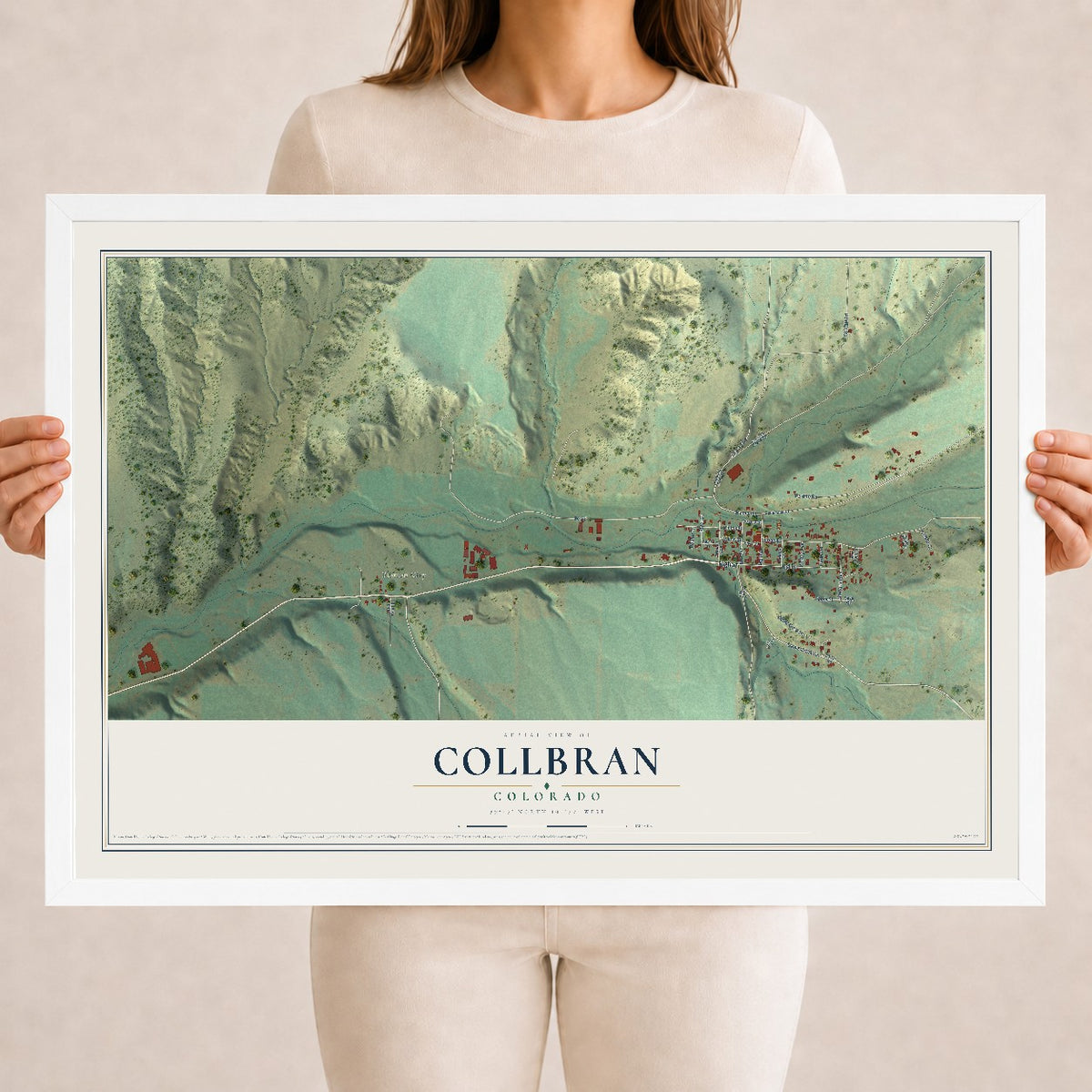 Map of Collbran, Colorado, 18 x 24 inch print in a white wood frame