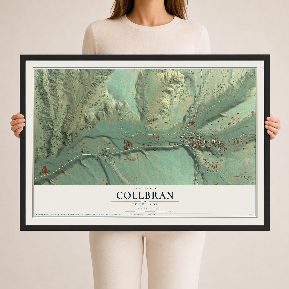 Map of Collbran, Colorado, 24 x 36 inch print in a black wood frame