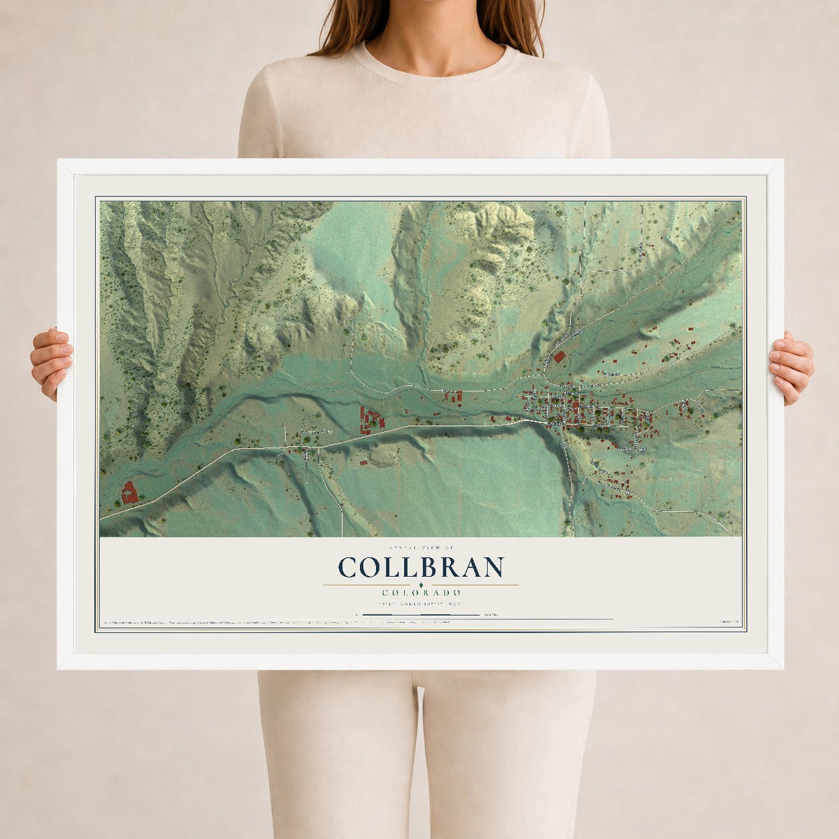 Map of Collbran, Colorado, 24 x 36 inch print in a white wood frame
