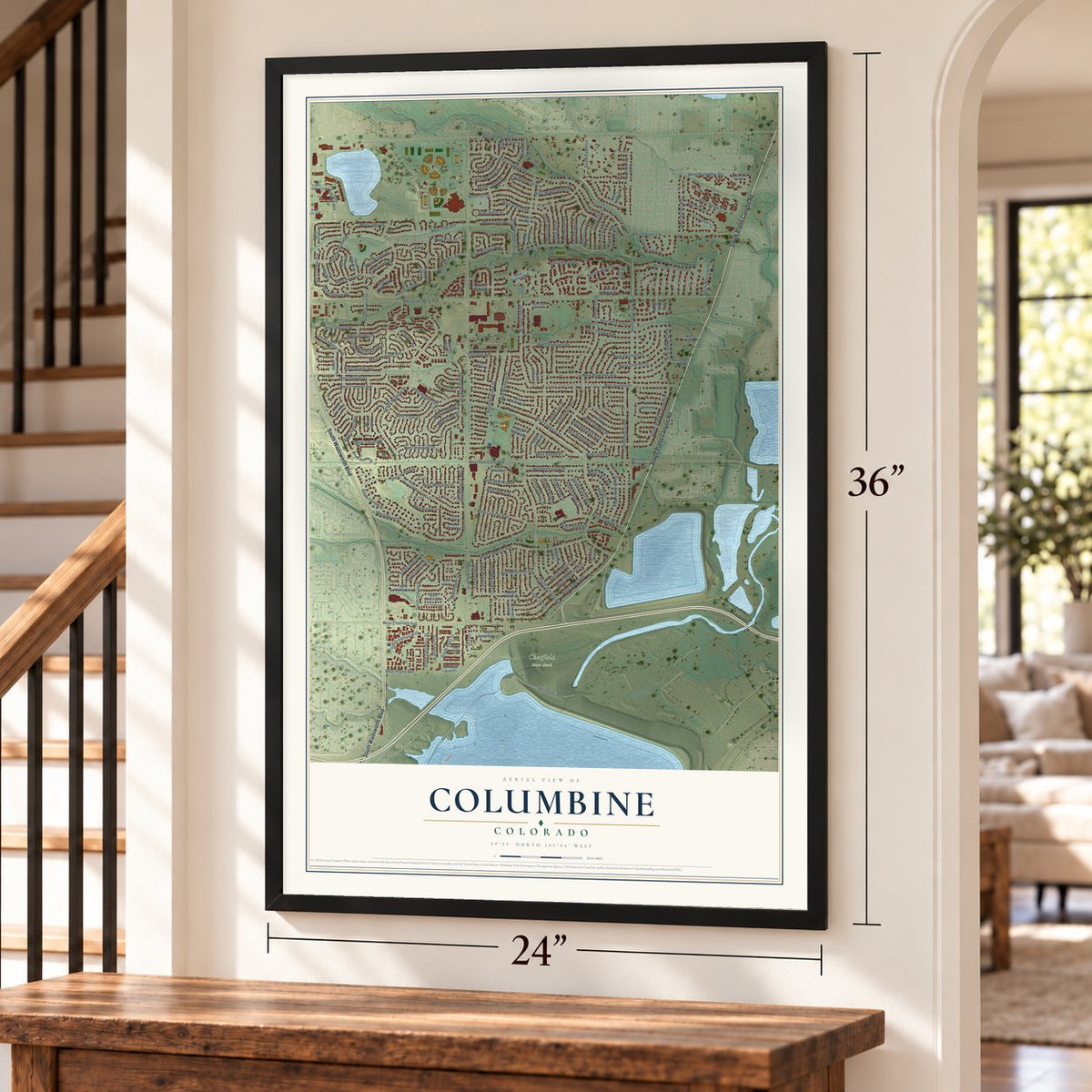 Columbine, Colorado map, 24 x 36 inch print in a black frame by a staircase