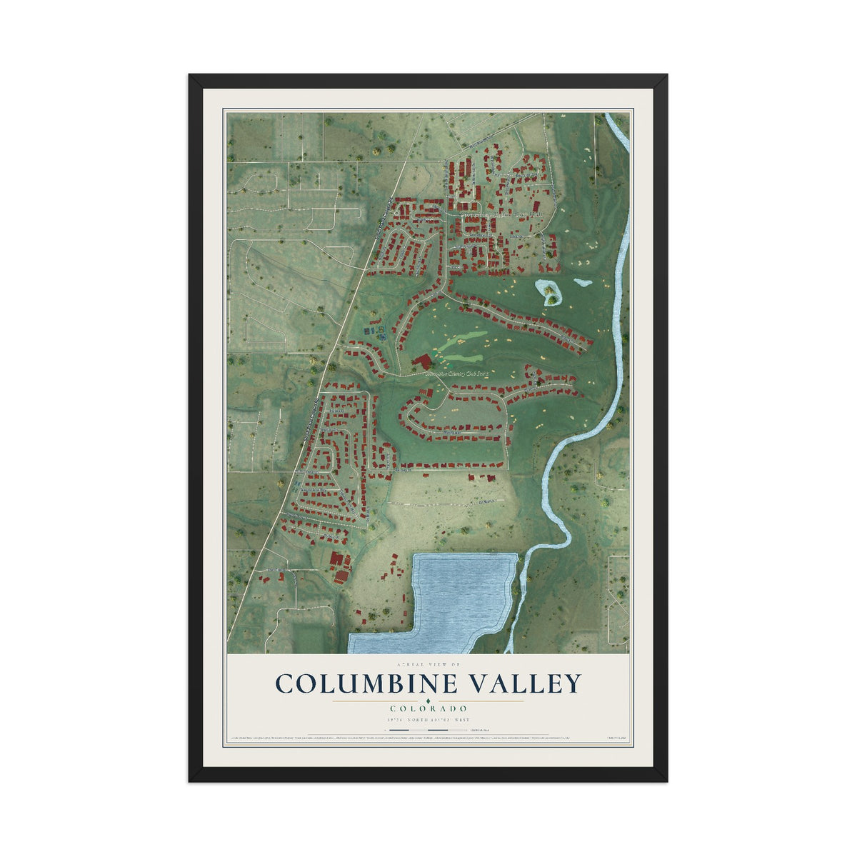 Map of Columbine Valley, Colorado, 12 x 18 inch print in a black wood frame