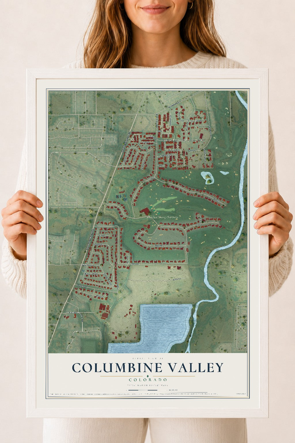 Map of Columbine Valley, Colorado, 18 x 24 inch print in a white wood frame