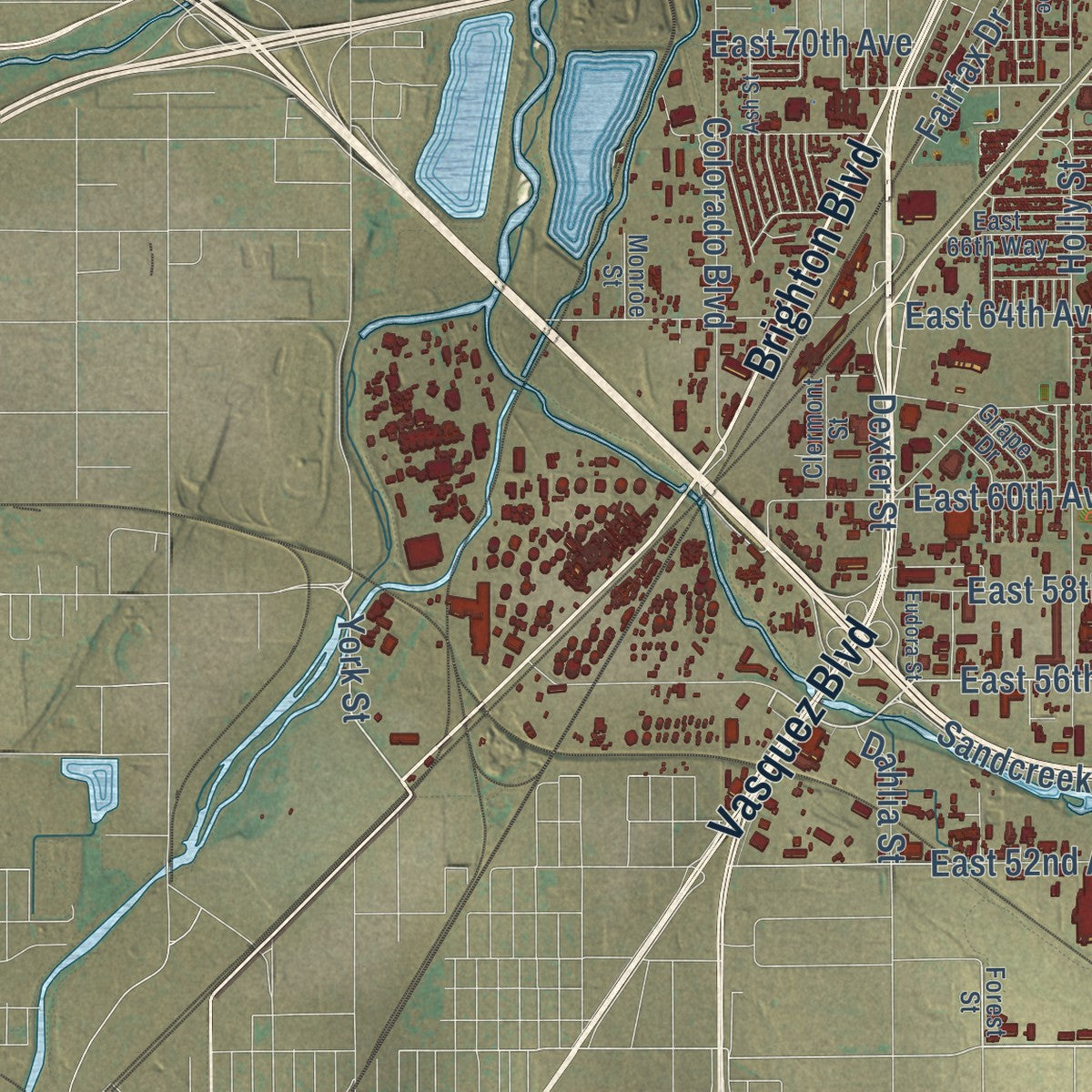 Close-up of the map of Commerce City, Colorado print showing street and building detail