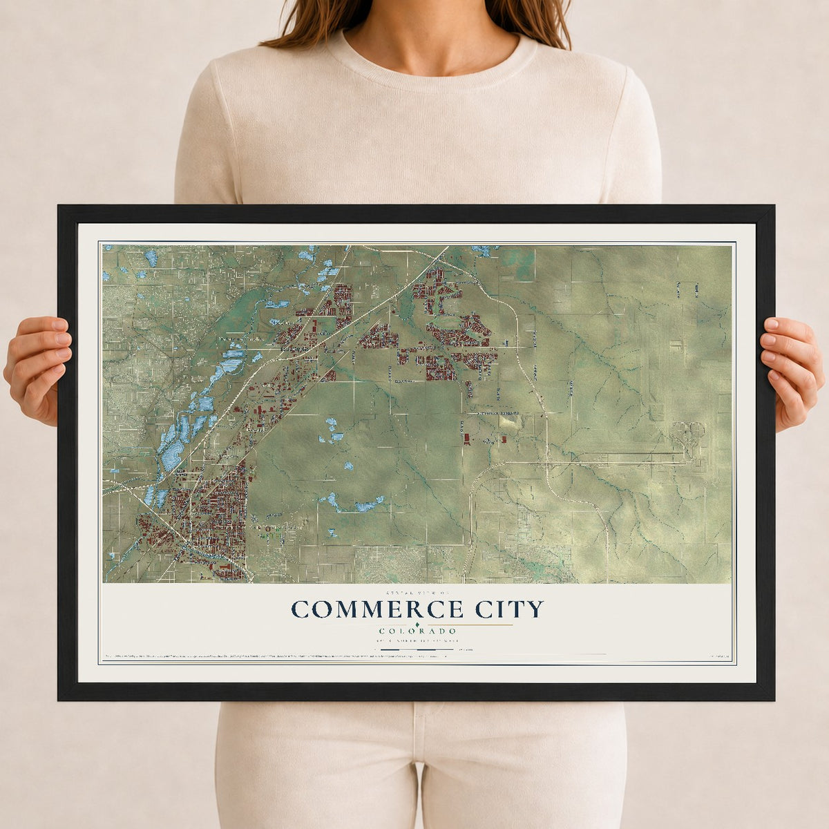Map of Commerce City, Colorado, 12 x 18 inch print in a black wood frame