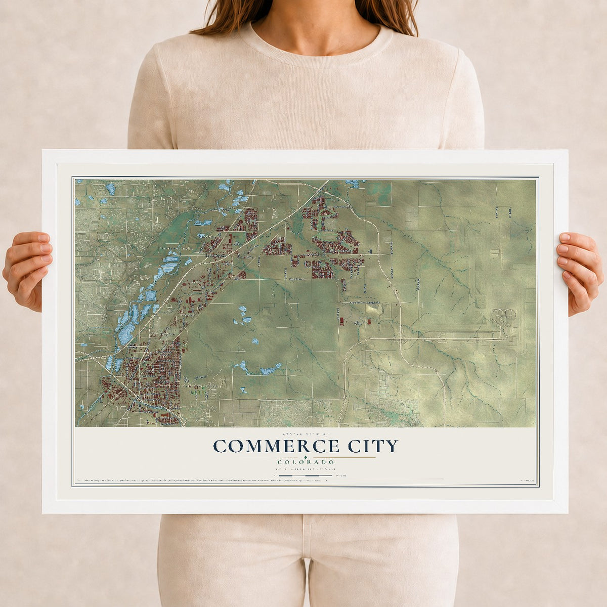 Map of Commerce City, Colorado, 12 x 18 inch print in a white wood frame