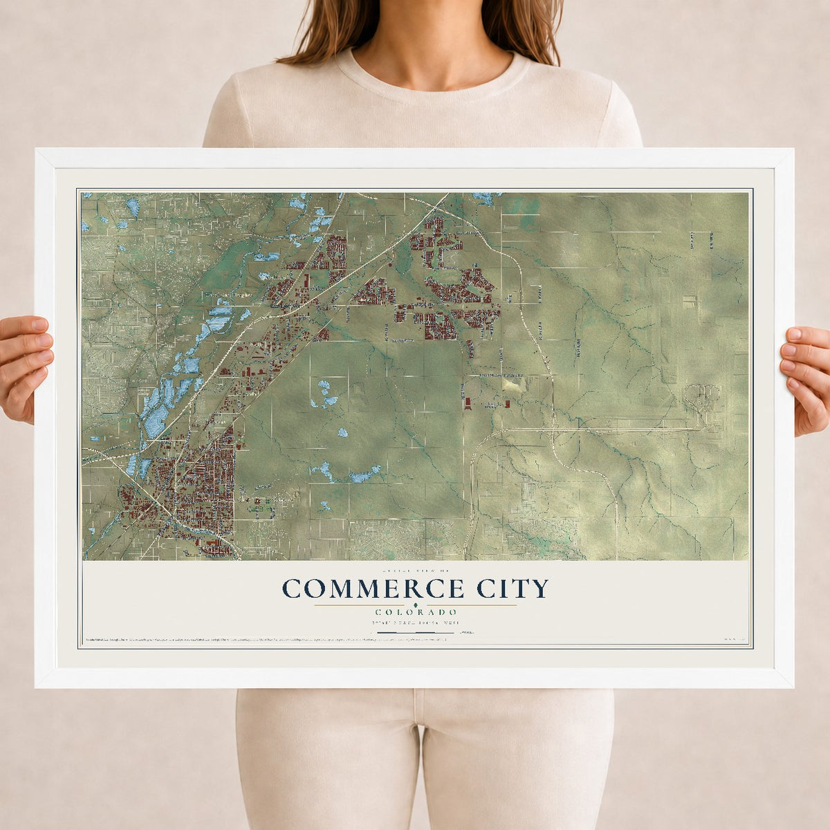 Map of Commerce City, Colorado, 18 x 24 inch print in a white wood frame