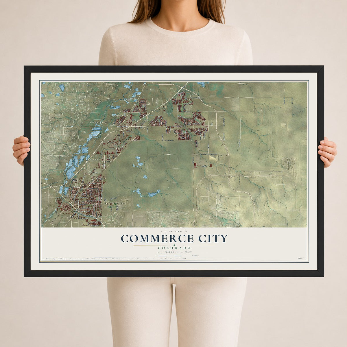 Map of Commerce City, Colorado, 24 x 36 inch print in a black wood frame