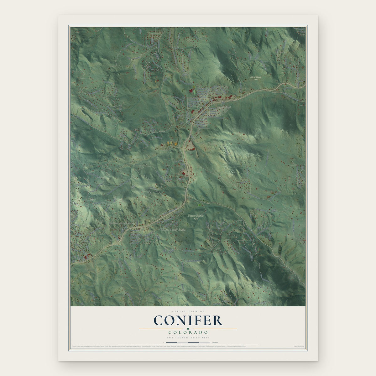 Conifer, Colorado map print, the full design