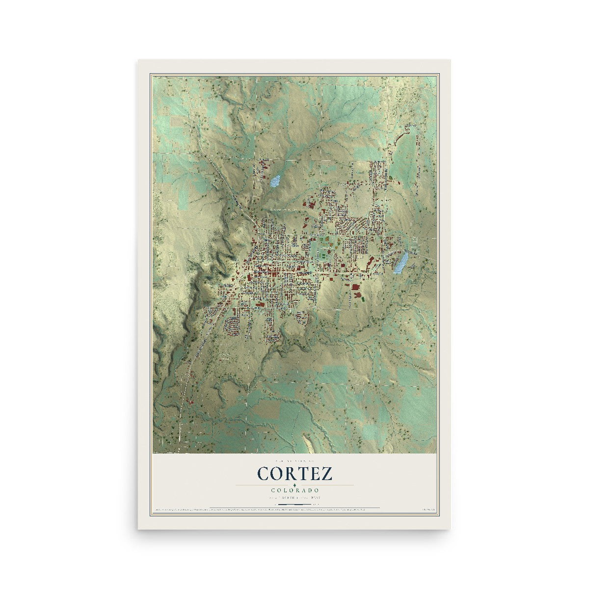 Map of Cortez, Colorado, 12 x 18 inch unframed archival matte print