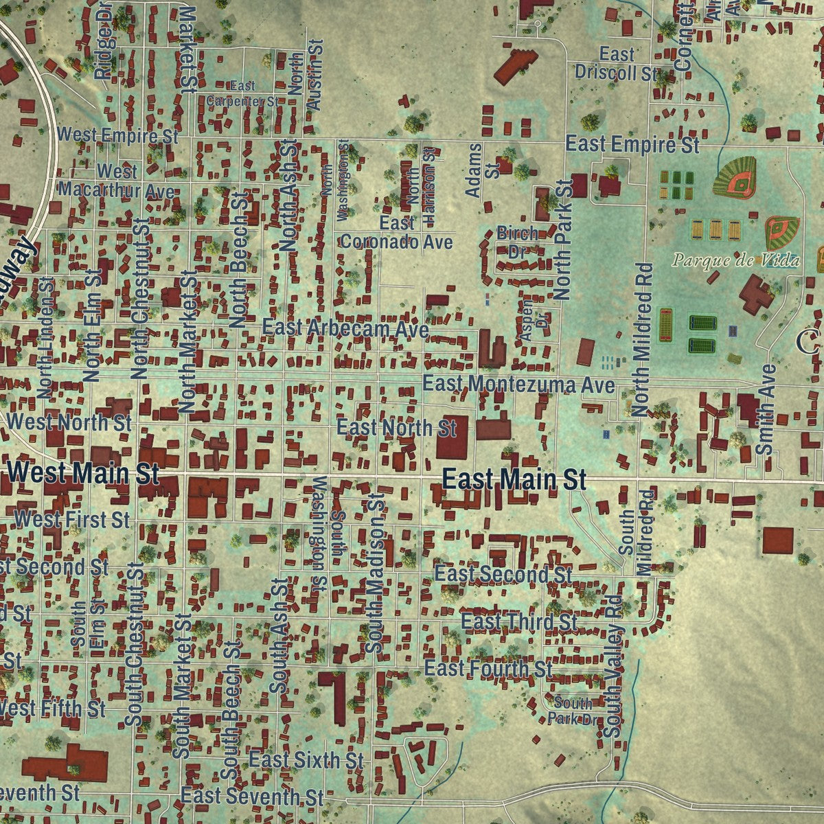 Close-up of the map of Cortez, Colorado print showing street and building detail
