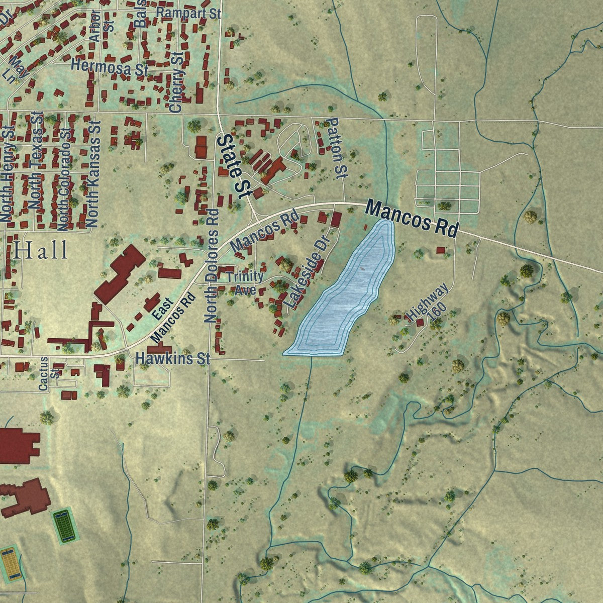 Second close-up of the map of Cortez, Colorado print showing more streets and buildings