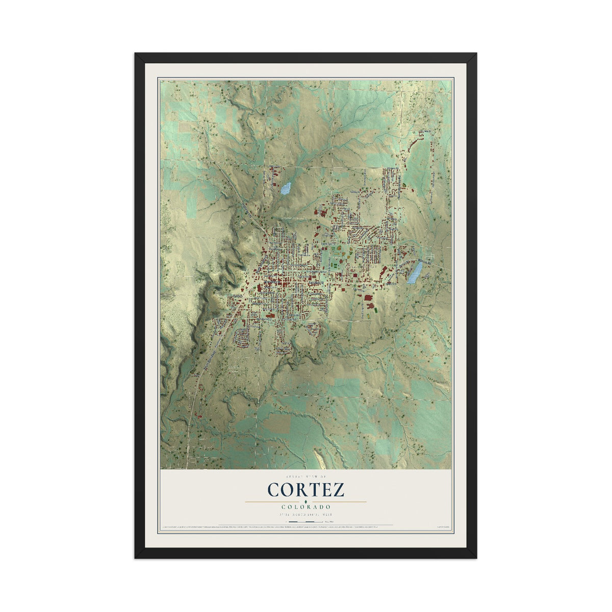 Map of Cortez, Colorado, 12 x 18 inch print in a black wood frame