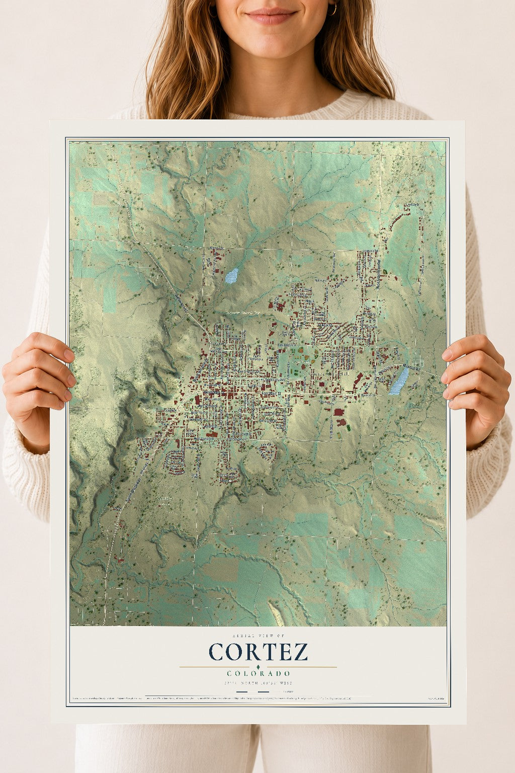 Map of Cortez, Colorado, 18 x 24 inch unframed archival matte print