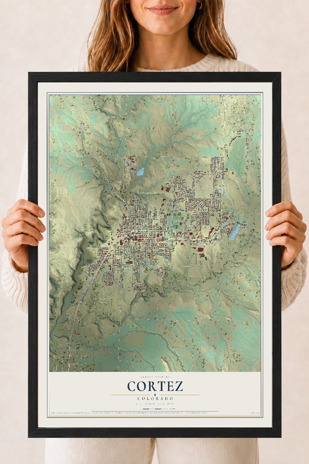 Map of Cortez, Colorado, 18 x 24 inch print in a black wood frame