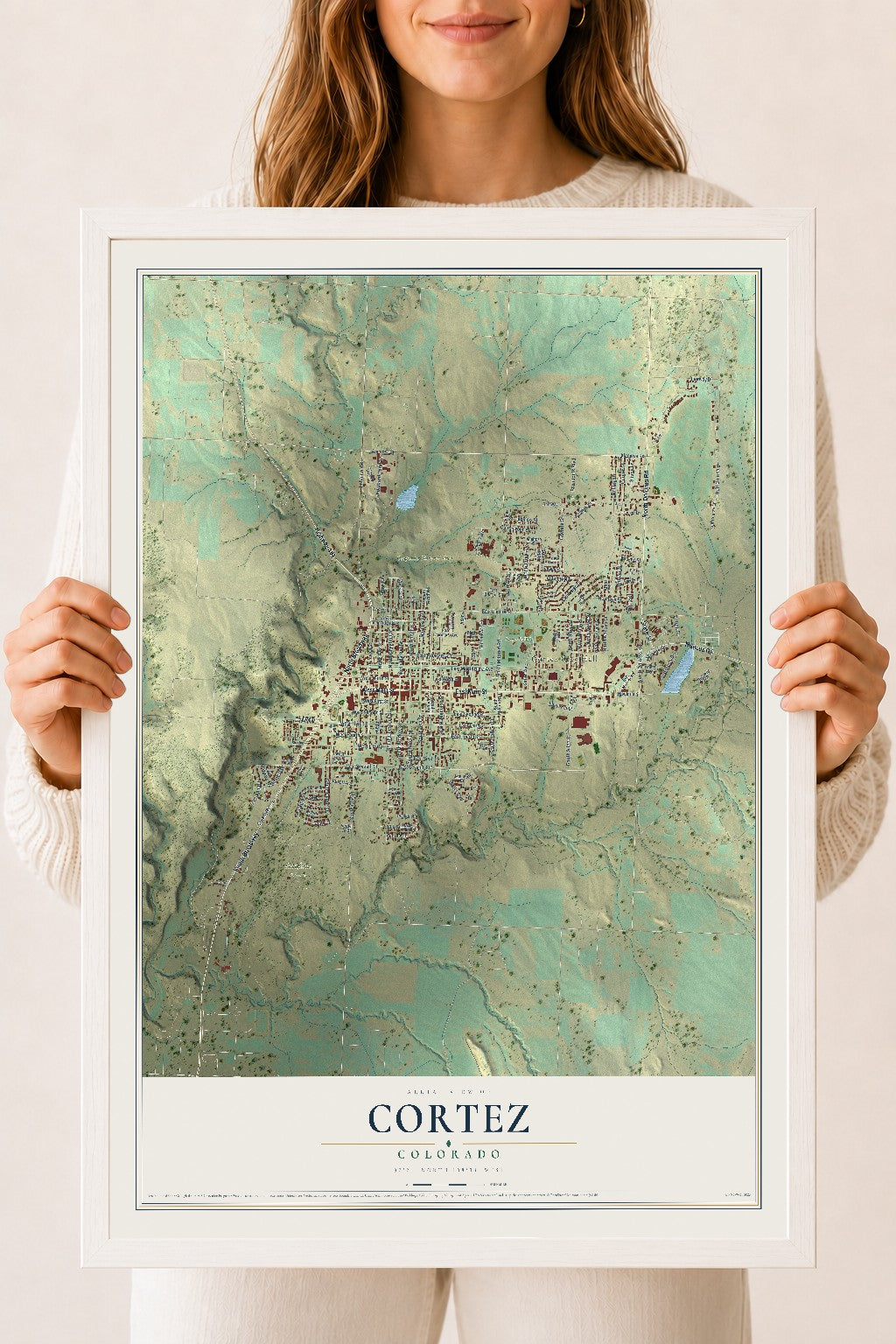 Map of Cortez, Colorado, 18 x 24 inch print in a white wood frame