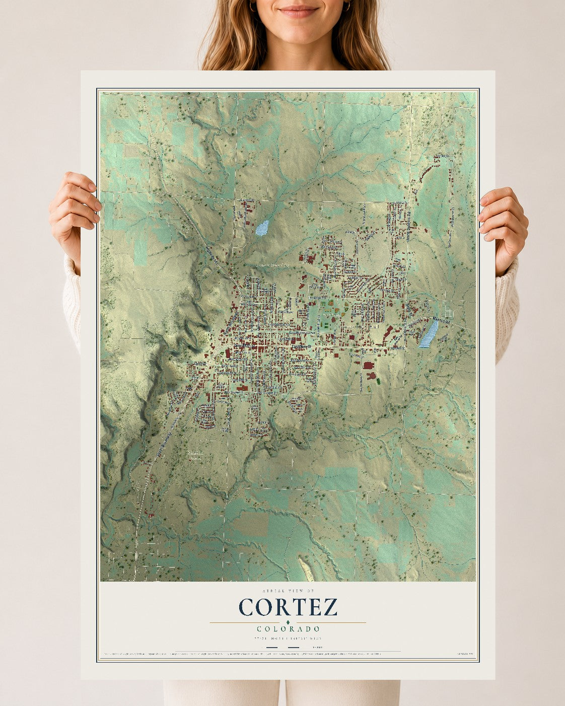 Map of Cortez, Colorado, 24 x 36 inch unframed archival matte print