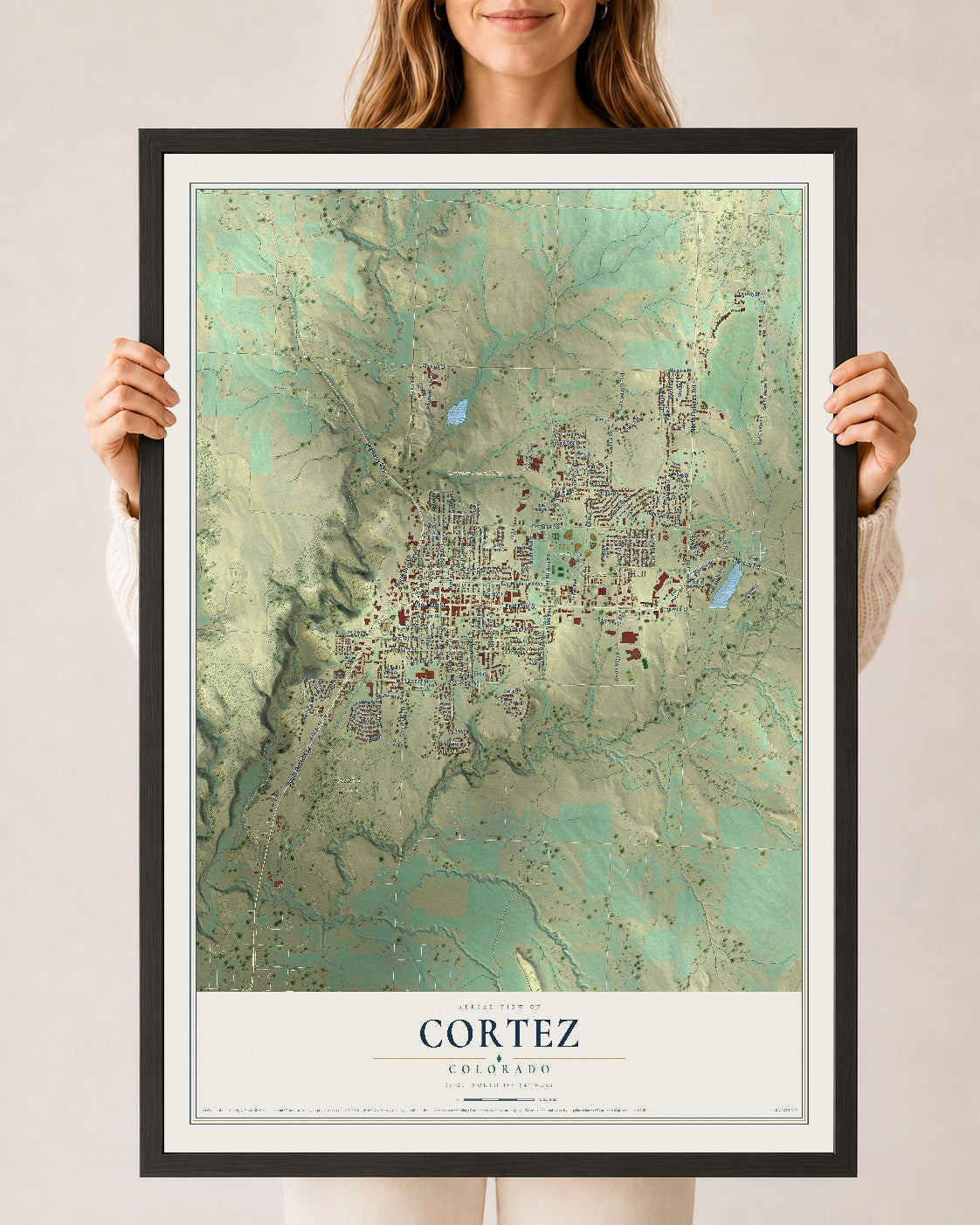 Map of Cortez, Colorado, 24 x 36 inch print in a black wood frame