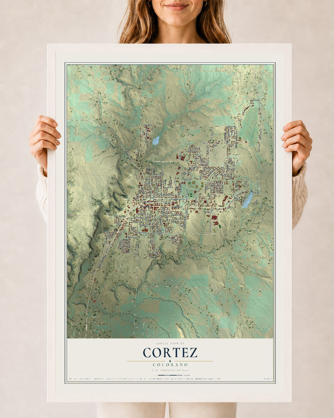 Map of Cortez, Colorado, 24 x 36 inch print in a white wood frame