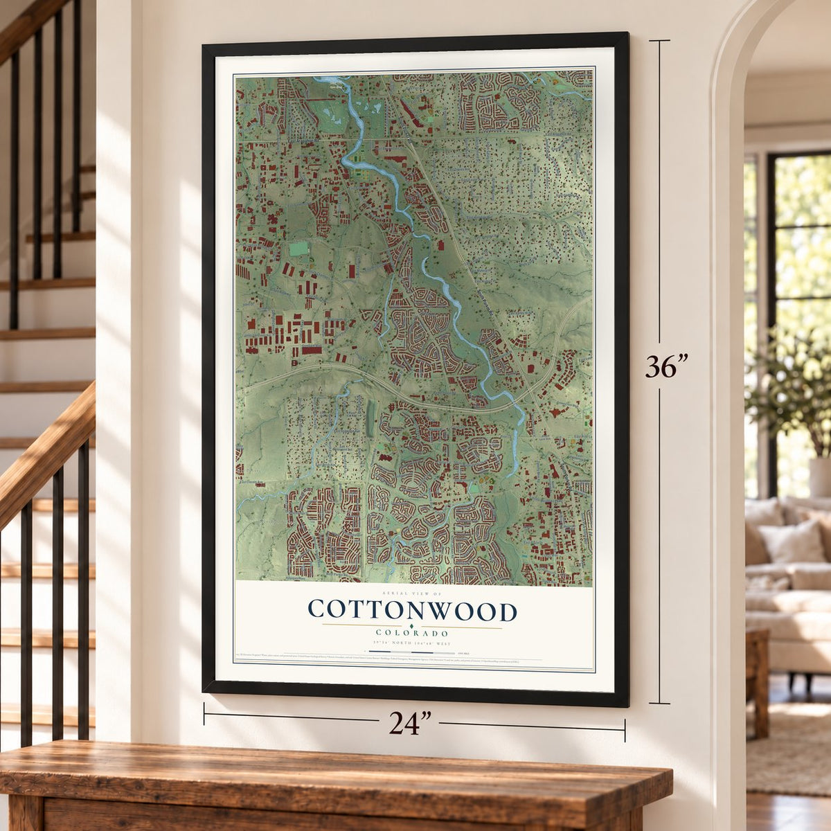 Cottonwood, Colorado map, 24 x 36 inch print in a black frame by a staircase